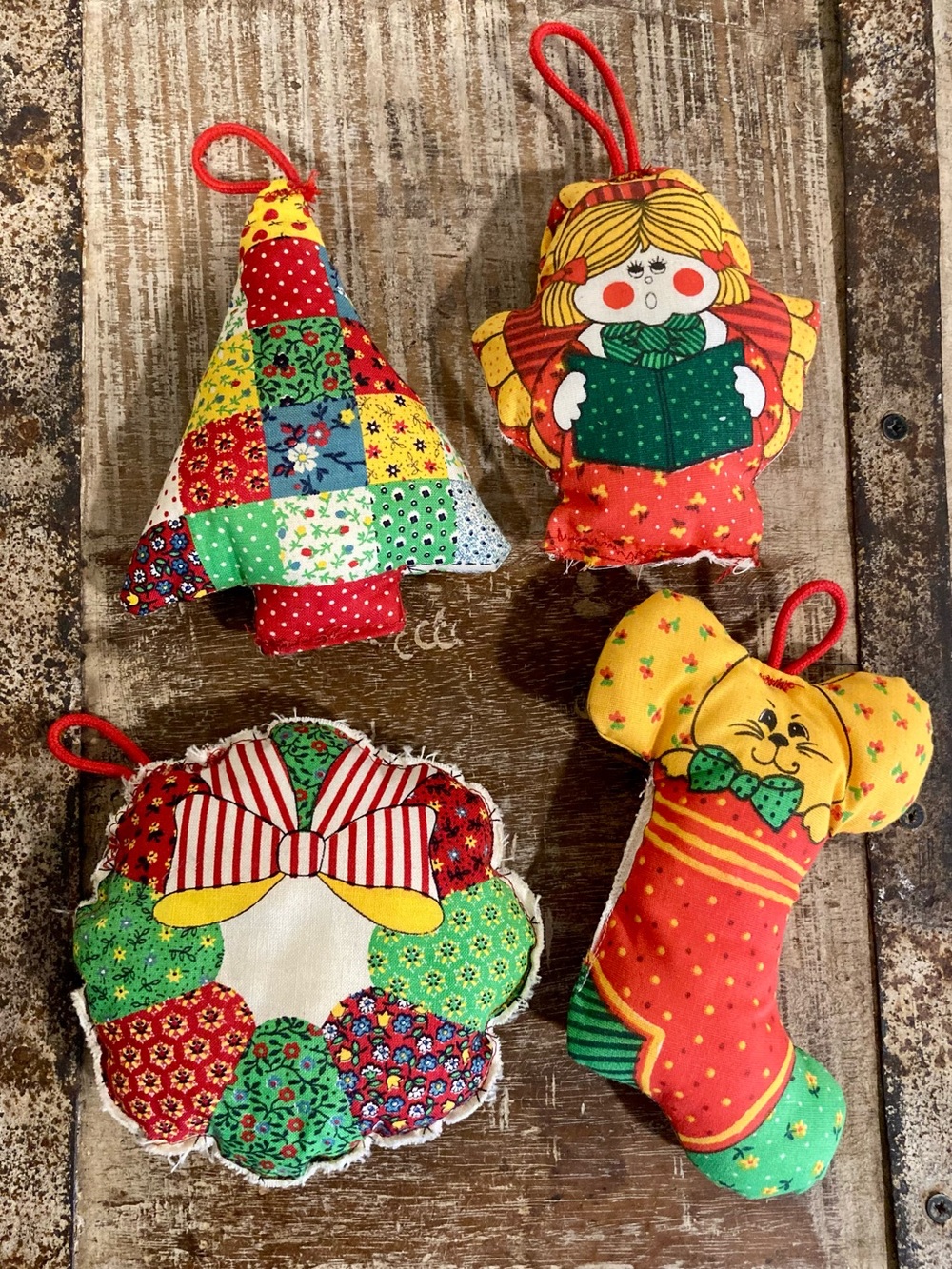 Vintage Handmade Patchwork Christmas Ornaments - Set of 4